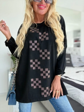 Dámská tunika halenka kamínky šachovnice černá
