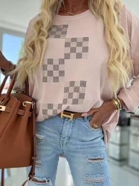 Dámská tunika halenka kamínky šachovnice pudrová