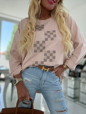 Dámská tunika halenka kamínky šachovnice pudrová