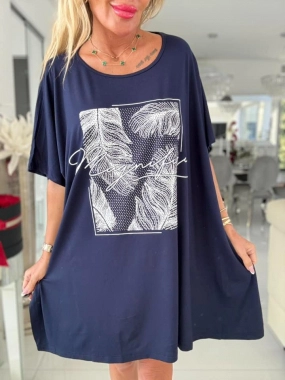 Dámská big oversize tunika halenka pírko kamínky modrá
