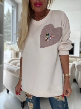 Máselková mikina halenka velké srdce z kamínků krémová