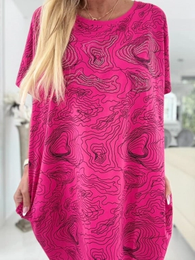 Dámská big oversize tunika kapsy zdobená kamínky fuchsie