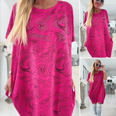 Dámská big oversize tunika kapsy zdobená kamínky fuchsie