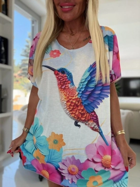 Svetřík halenka tunika krátký rukávek barevný pták