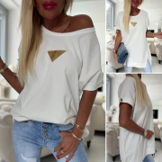 Kvalitní bavlněné triko dole lem rozparek Fashion smetanové