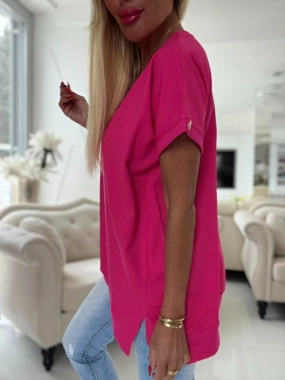 Kvalitní bavlněné triko dole lem rozparek Fashion růžová