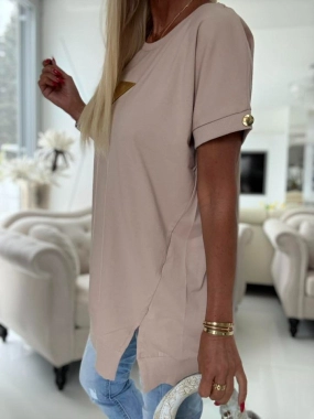 Kvalitní bavlněné triko dole lem rozparek Fashion béžová