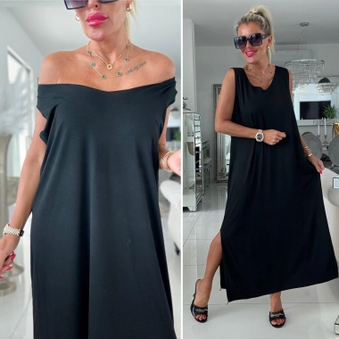 Long šaty oversize pružné Eva rozparky černé
