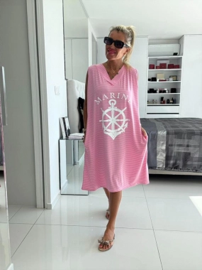 Maxi tílkové saty oversize kotva pruhy a kapsy růžové