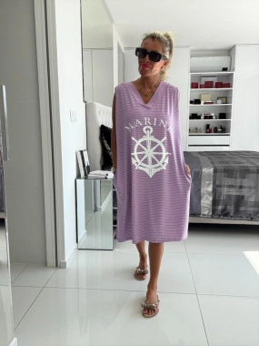 Maxi tílkové saty oversize kotva pruhy a kapsy fialové