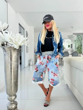 Dámské kraťasy šortky barevný květ imitace jeans