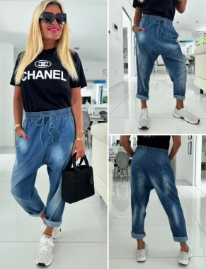 L/XL Baggy modré dámské kalhoty kapsy stříkané