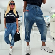 L/XL Baggy modré dámské kalhoty kapsy stříkané