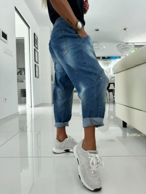 L/XL Baggy modré dámské kalhoty kapsy stříkané