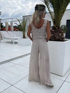 Luxusni krajkové kalhoty a tílko beige komplet