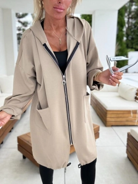 Dámský cardigan na zip kapsy kapuce MM béžovohnědá
