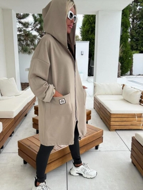 Dámský cardigan na zip kapsy kapuce MM béžovohnědá