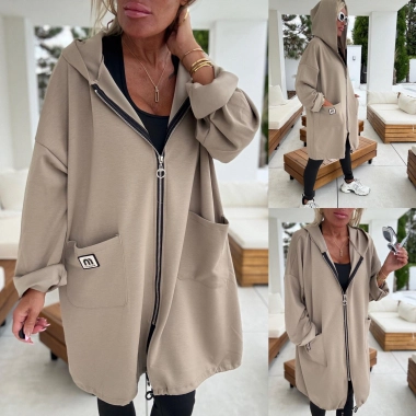 Dámský cardigan na zip kapsy kapuce MM béžovohnědá
