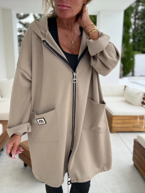 Dámský cardigan na zip kapsy kapuce MM béžovohnědá