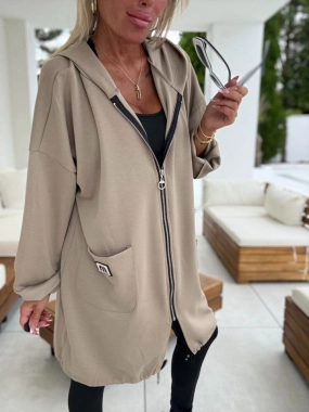Dámský cardigan na zip kapsy kapuce MM béžovohnědá