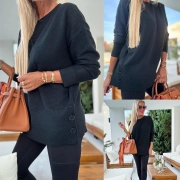M/L Vlněný kašmírový svetřík knoflíčky na boku černý