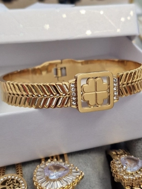 Luxusní dámský pevný náramek čtyřlístek zlatá barva