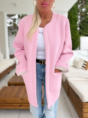 Trendy přechodový kabátek sako cardigan světle růžový