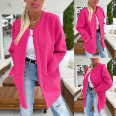 Trendy přechodový kabátek sako cardigan tmavě růžový