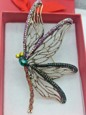 Luxusní brož velká vážka zelený kamínek zirkony