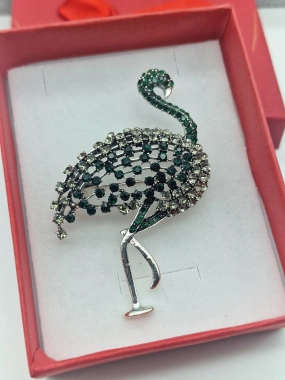 Luxusní brož plaměňák zelený zirkony