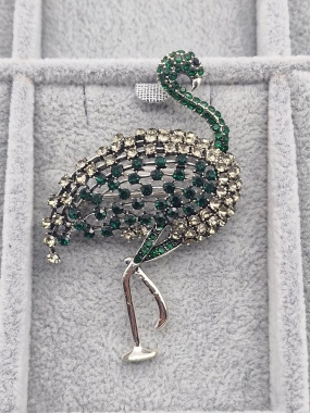 Luxusní brož plaměňák zelený zirkony