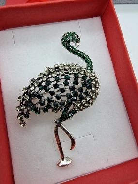 Luxusní brož plaměňák zelený zirkony