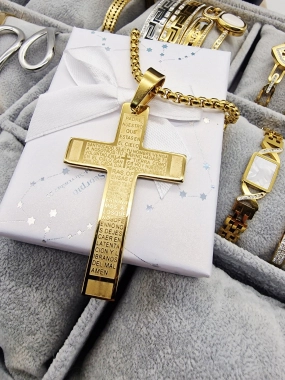 P2 Unisex náhrdelník s křížem velký chirurgická ocel zlatý