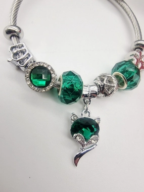 Náramek ala Pandora lanko oversize zelená kočička