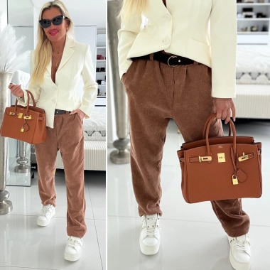 Sport elegance kalhoty s koženkovým páskem hnědé