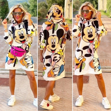 Bavlněná mikina mikinové šaty s kapucí Mickey bílá