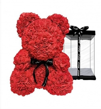 Luxusní medvídek z růží v dárkové krabici 40cm červený
