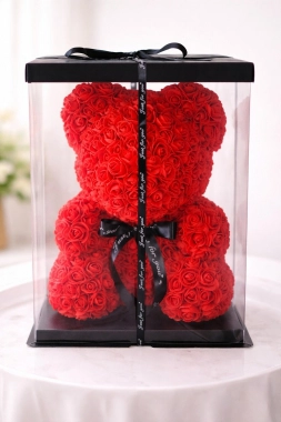 Luxusní medvídek z růží v dárkové krabici 40cm červený