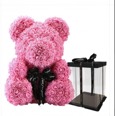 Luxusní medvídek z růží v dárkové krabici 40cm růžový