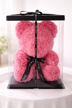 Luxusní medvídek z růží v dárkové krabici 40cm růžový