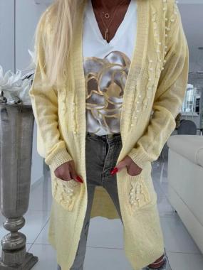 Dámský cardigan kardigan Sára přehoz zdobený perličkami  žlutý