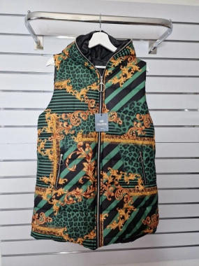 Prošívaná dámská vesta s kapucí New Collection zelená zlatý vzor