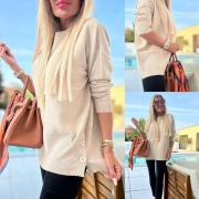 XL/XXL Vlněný kašmírový svetřík knoflíčky na boku béžový