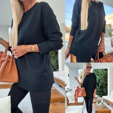 M/L Vlněný kašmírový svetřík knoflíčky na boku černý