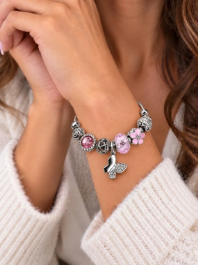 PAS008 Náramek ala Pandora lanko oversize pink motýl