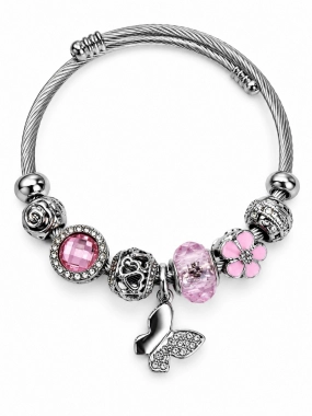 PAS008 Náramek ala Pandora lanko oversize pink motýl