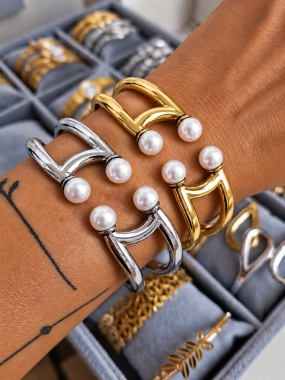NPS016 Luxusní dámský pevný náramek Pearl Elegance stříbrný